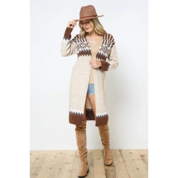 Taupe & Brown Aztec Tribal Western Boho Long Open Knit Cardigan Casual Sweater - Picture 4 of 8